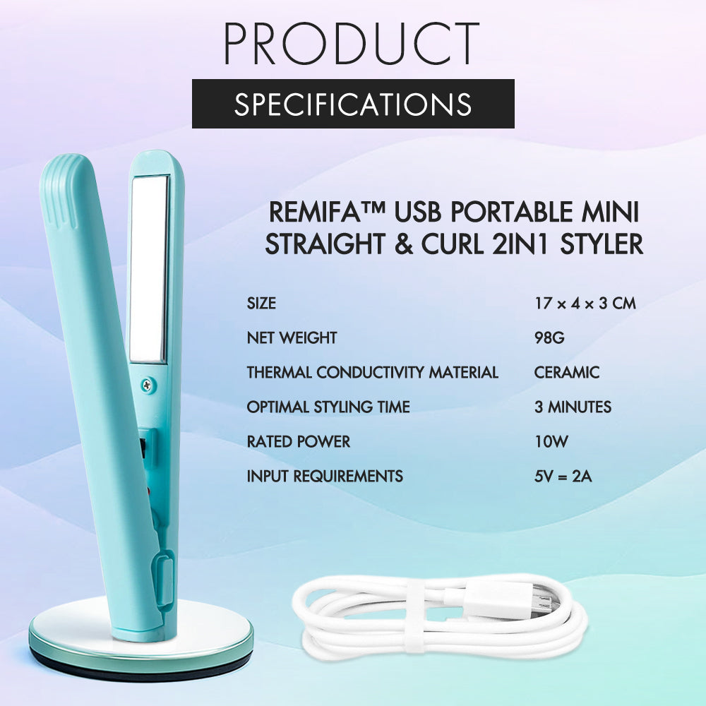 [2025 upgraded edition] Remifa™︎ USB Portable Mini Straight & Curl 2in1 Styler (For Hair Infused with Argan Oil & Keratin, Professional Ceramic Flat Iron for Less Frizz, Shinier & Smoother Hair, Hair Styling Tools)