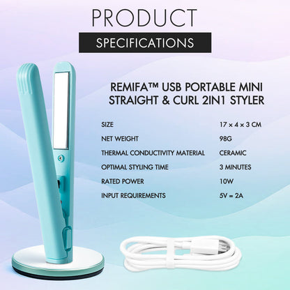 [2025 upgraded edition] Remifa™︎ USB Portable Mini Straight & Curl 2in1 Styler (For Hair Infused with Argan Oil & Keratin, Professional Ceramic Flat Iron for Less Frizz, Shinier & Smoother Hair, Hair Styling Tools)